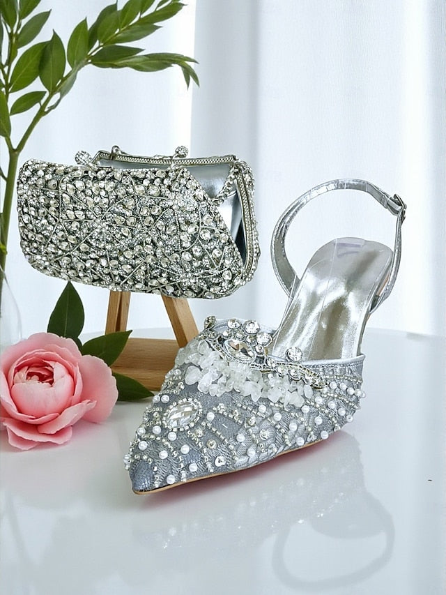 - Green Bag Heel Women's Set Clutch Shoes and Rhinestone
