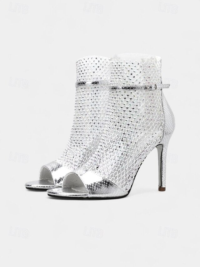 – Open-Toe Women's Gold Stiletto Sandals Glitter Mesh