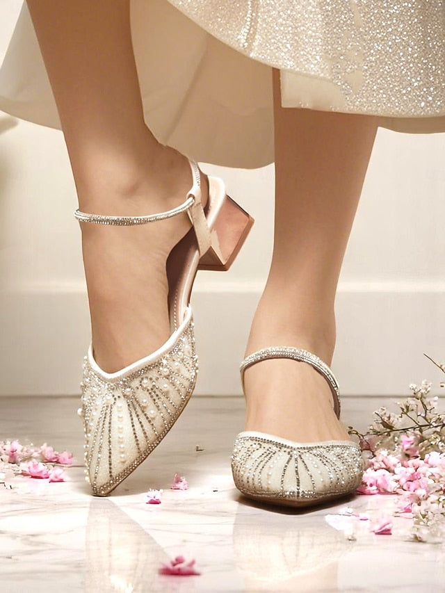 Toe Pointed and Women's Heels with Pearl Block Ivory
