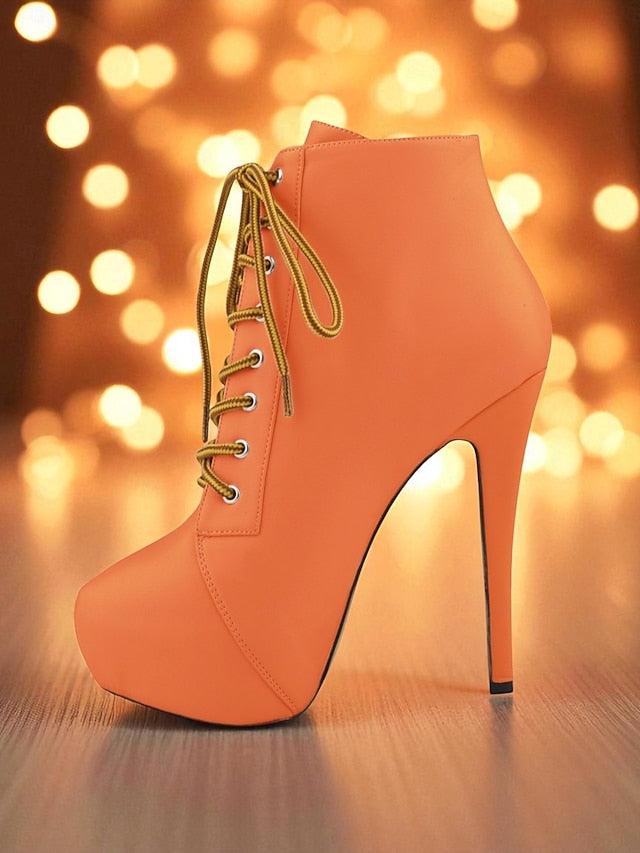 Beige Faux Lace-Up Women's Leather - Platform Boots Ankle