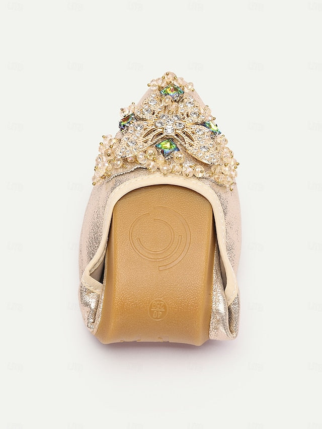 Glitter Crystal with Flats Gold Foldable Women's