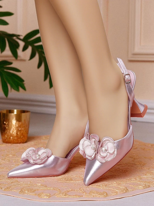 Satin Heels Floral Toe with Women's Pink Pointed