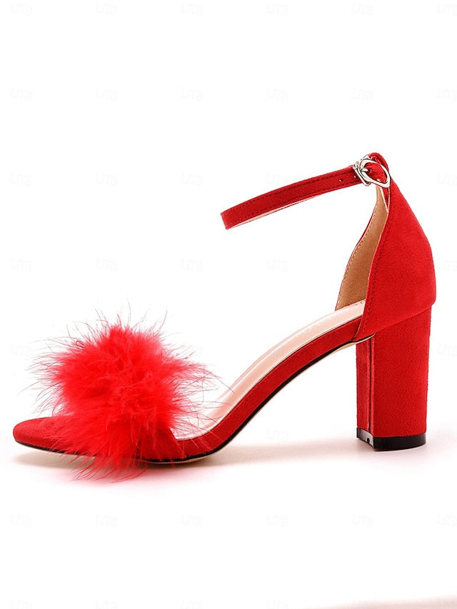 Women Sandals Heel for Wedding Feather-Embellished Block –