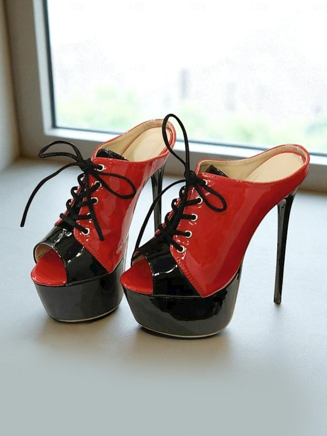 Stiletto Black Leather Red Patent and Platform Women's