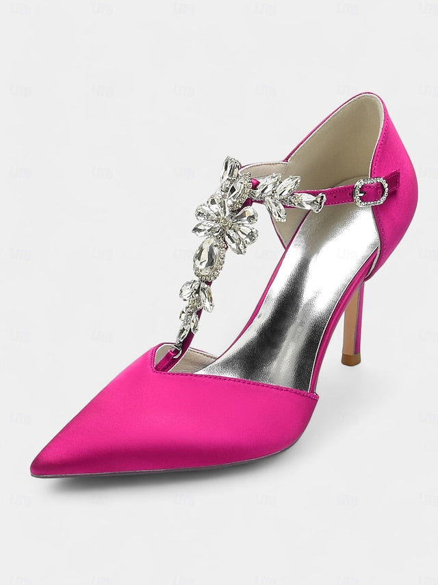 – Heels Satin Women's T-Strap Navy Blue Pointed Toe