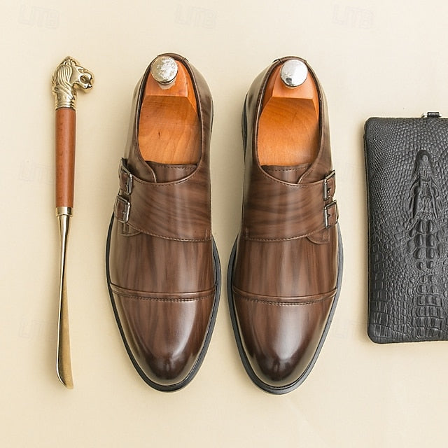 Shoes Strap Faux Men's –  Leather Double Monk Brown