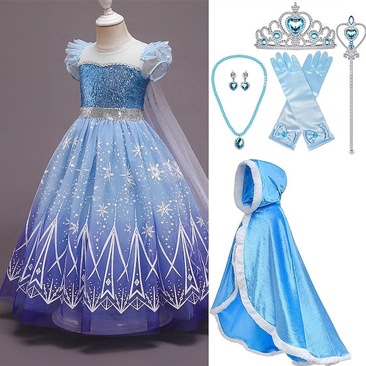 Cape With Set Crown Tulle Princess Dress Hooded Cloak Elsa