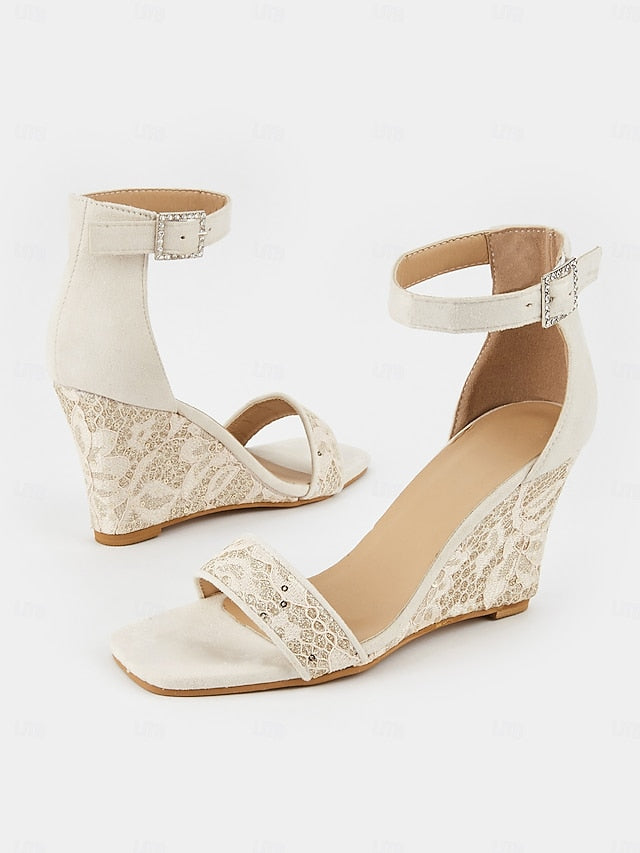 Stylish Lace White Sandals Heel – Strap Ankle Women Wedge for