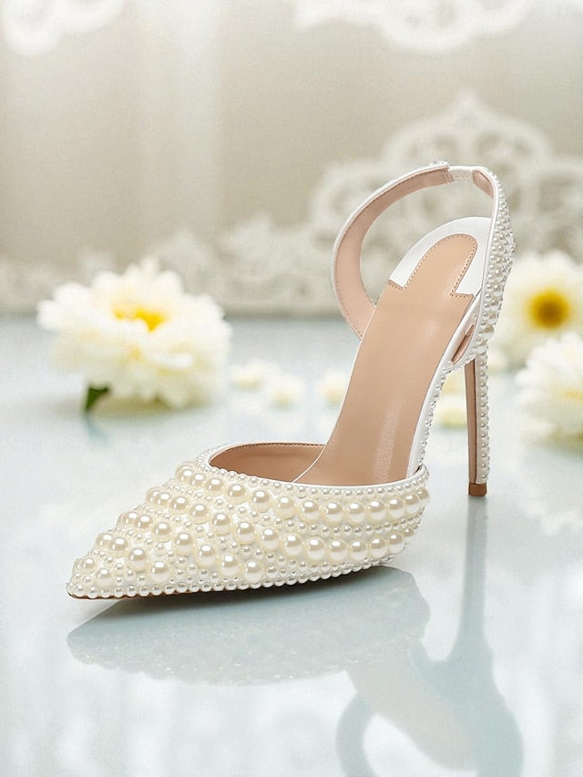 Leather Pearl-Embellished Heels Women's White Slingback -