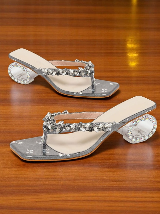 Silver Rhinestone Sandals Heels Women's Sparkly Toe Open -