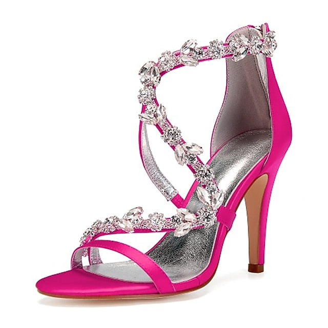 High Pink Satin Sandals Women's with Heel Rhinestone Floral