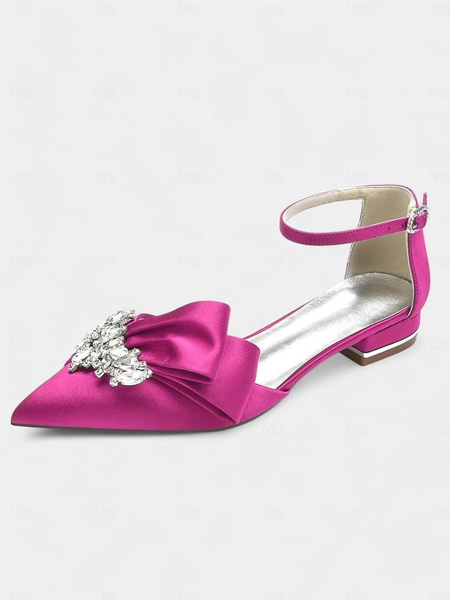 Rhinestone Pointed-Toe Heels Satin with Ankle White Bow and