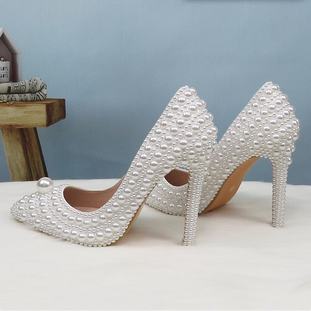 Set White Pearl Heels Pearl-Embellished Purse Stiletto and Round
