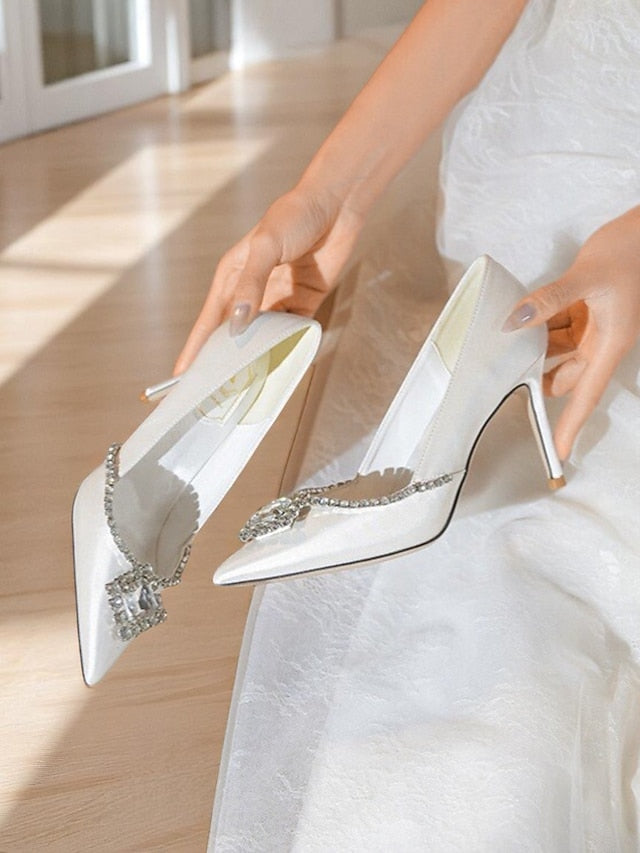 Satin with Heels Crystal Wedding Toe Women's Pointed White