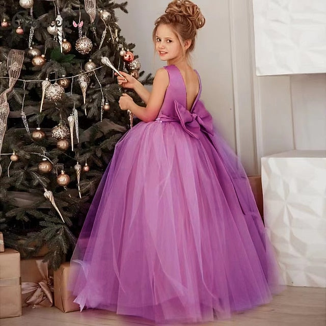 Girl Kids Solid Girls' Color Party Dress Flower