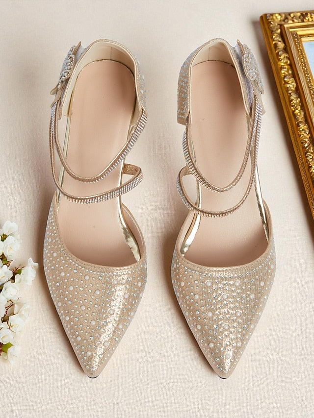 Strap Ankle Pointed Heel Low Women's Rhinestone Toe Glitter