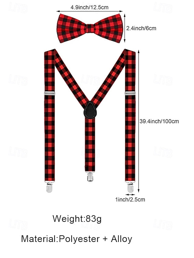 Adjustable Plaid Christmas Bow Set and Suspender Men's Tie