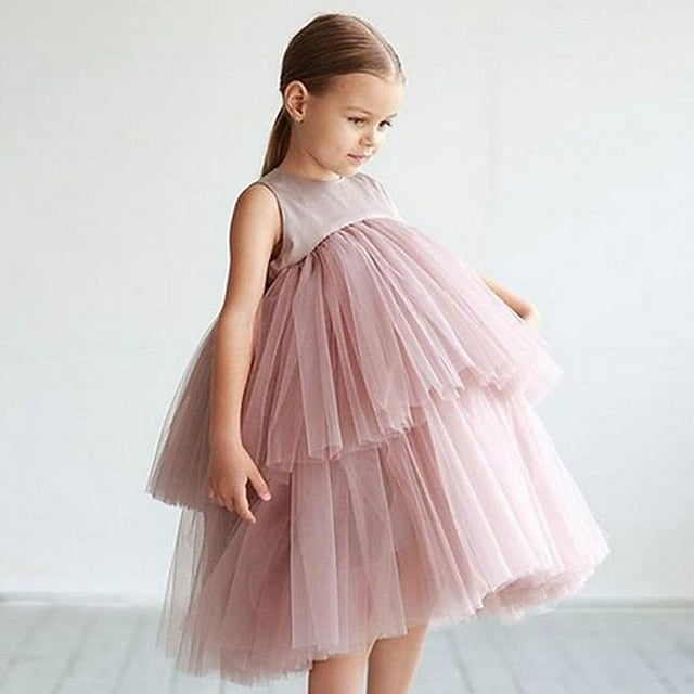 Mesh Wedding Solid Sleeveless Color Party Girls' Dress Kids