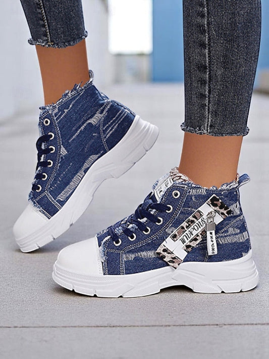 Women's Denim High Top Platform Sneakers with Leopard