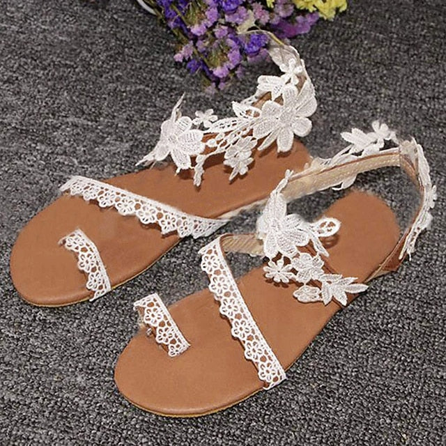 Floral Women's Sandals Flat with Bridal White Lace
