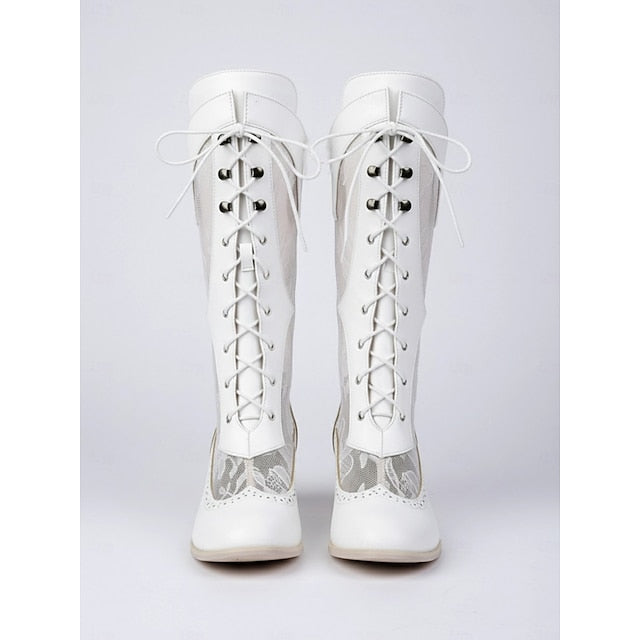Women's White Lace-Up Boots Lace with Victorian-Style