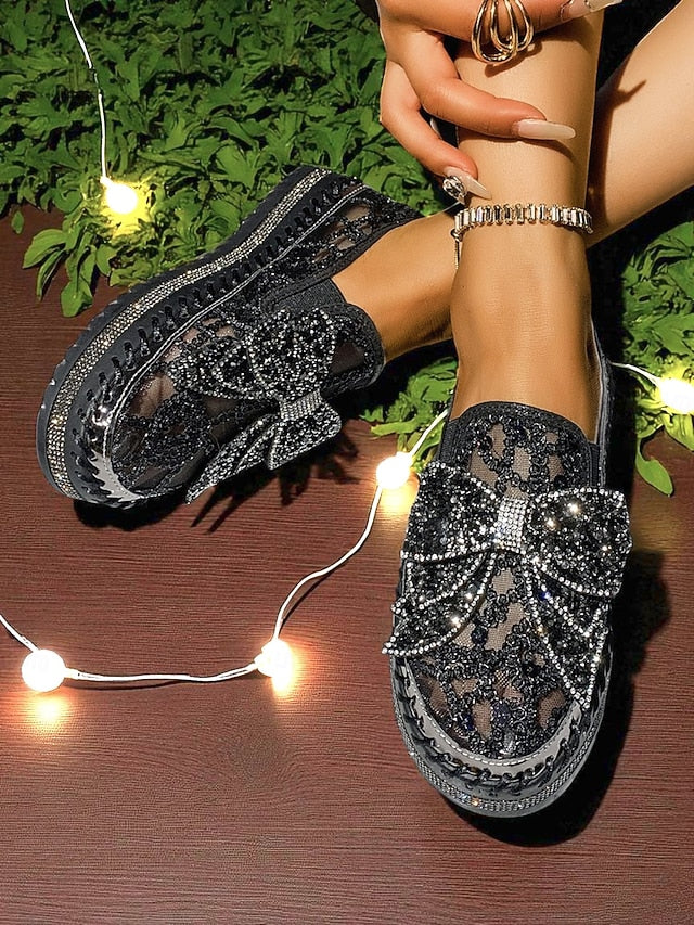 Bow Shoes with Women's Rhinestone Black Lace Slip-On