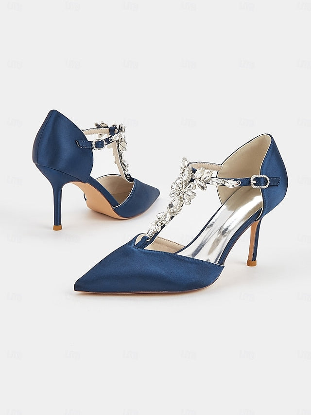 T-Strap Heels Toe Pointed Navy Satin – Women's Blue