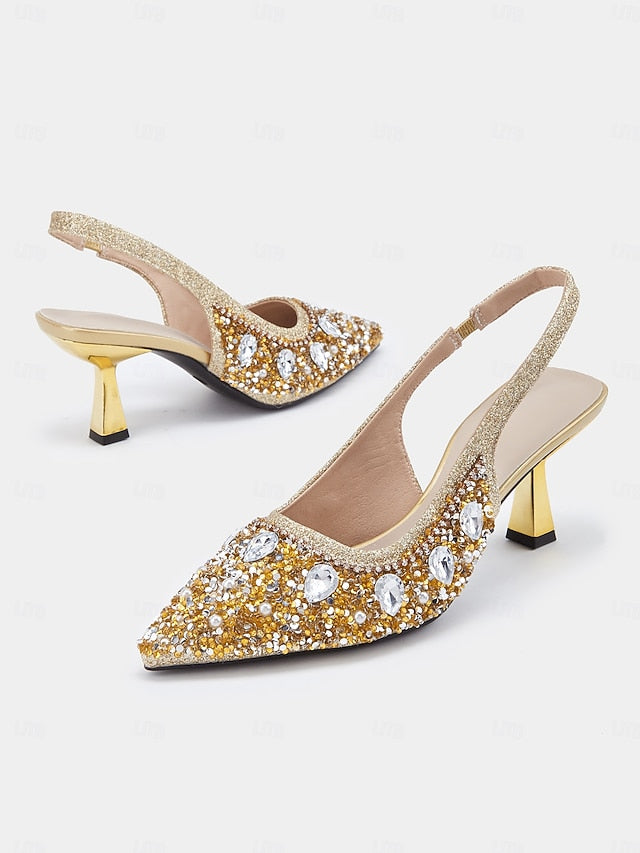 Pearl Rhinestone Women's Slingback with Heels Gold