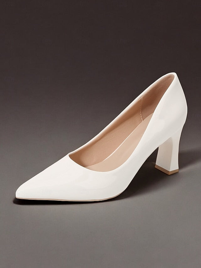 Faux Green Heel Leather Pointed-Toe Patent Block Glossy Pumps