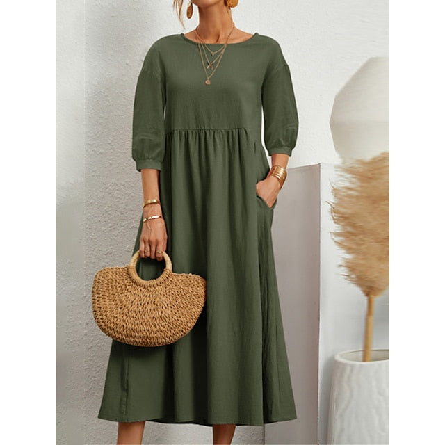 Women's Blue Black White Summer Spring Midi Dress Faux