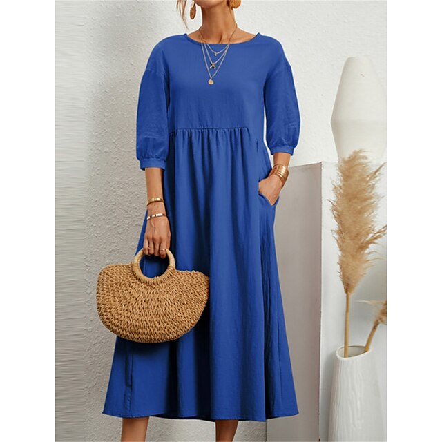 Women's Blue Black White Summer Spring Midi Dress Faux