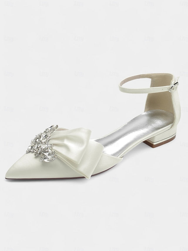 Rhinestone Pointed-Toe Heels Satin with Ankle White Bow and