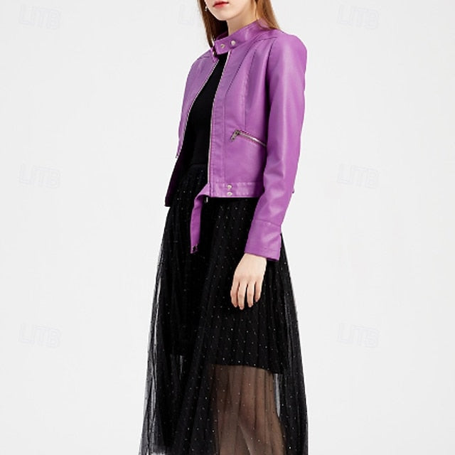 Jacket Zipper Pocket Leather Comfortable Faux Women's