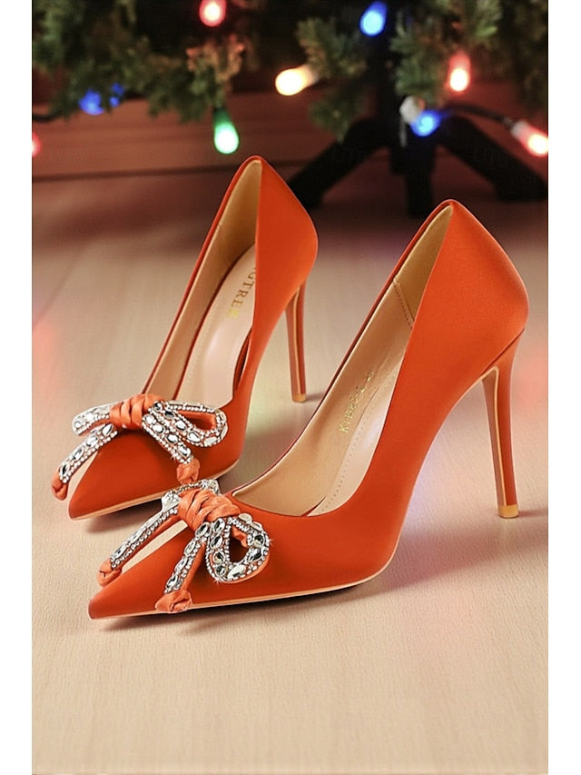 Pointed Bow Stiletto Women's Orange - Crystal with Heels
