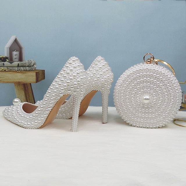 Set White Pearl Heels Pearl-Embellished Purse Stiletto and Round