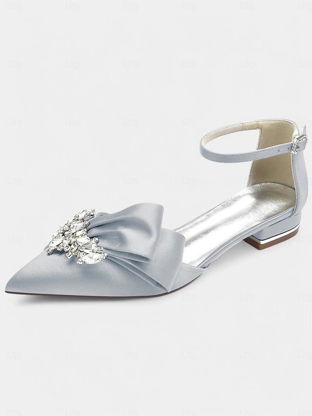 Rhinestone Pointed-Toe Heels Satin with Ankle White Bow and