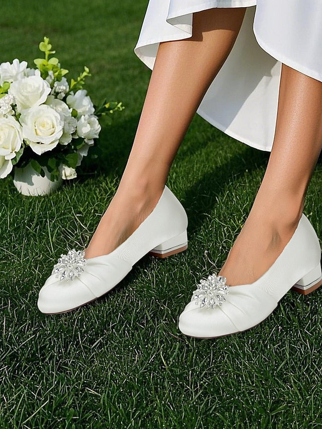 Women's – Elegant White Crystal Flats Wedding Satin