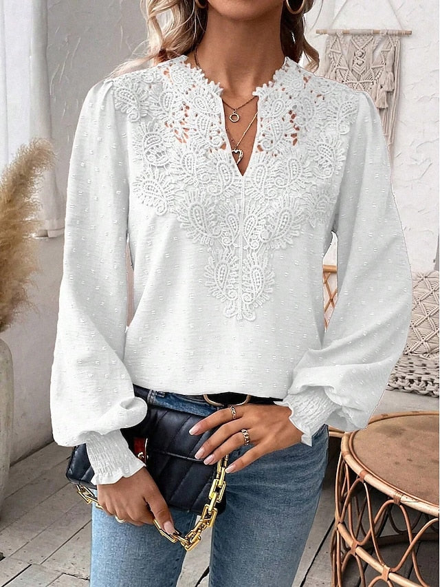 Women's Shirt Blouse Solid Color Basic Casual Long Sleeve V