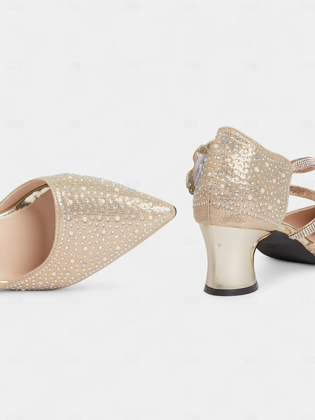 Strap Ankle Pointed Heel Low Women's Rhinestone Toe Glitter