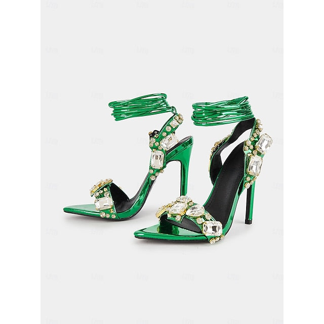 Lace-Up Metallic Stiletto Heels with Green Women's