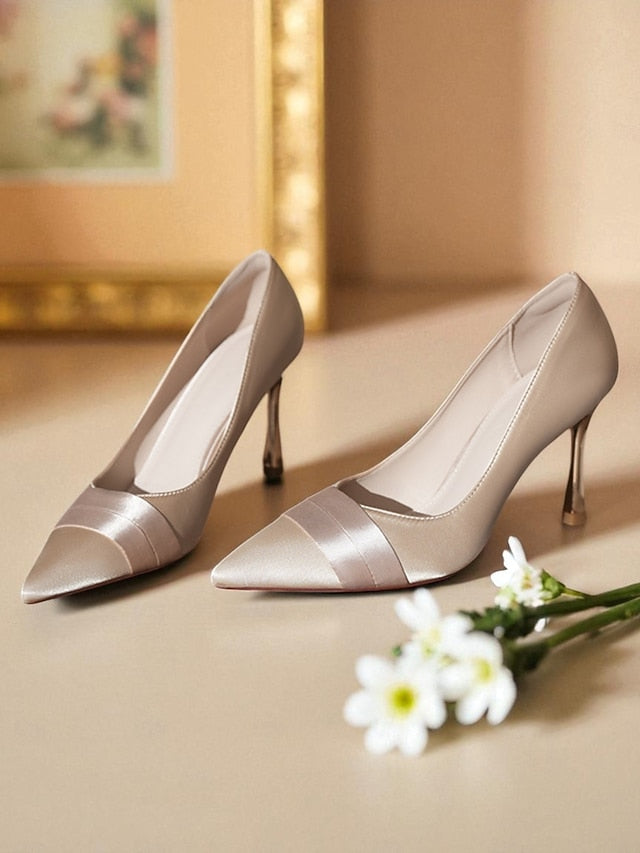 - Satin Pointed Heel Women's Champagne Toe High Pumps