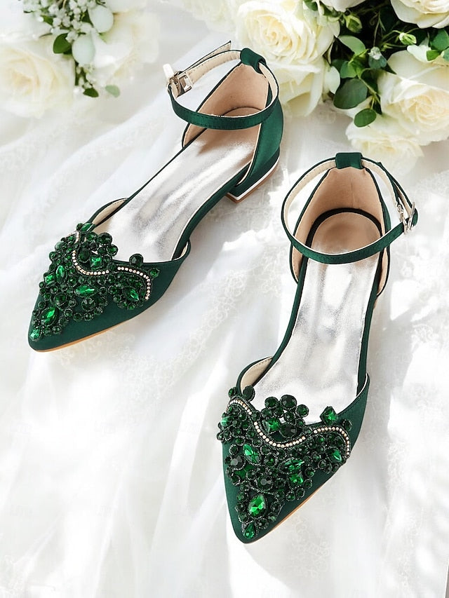 Pointed-Toe – Embellished Vintage Green Flats Style Gemstone