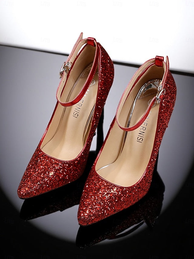 – Gold Pointed Women's Heels Sparkly Glitter Toe Stiletto