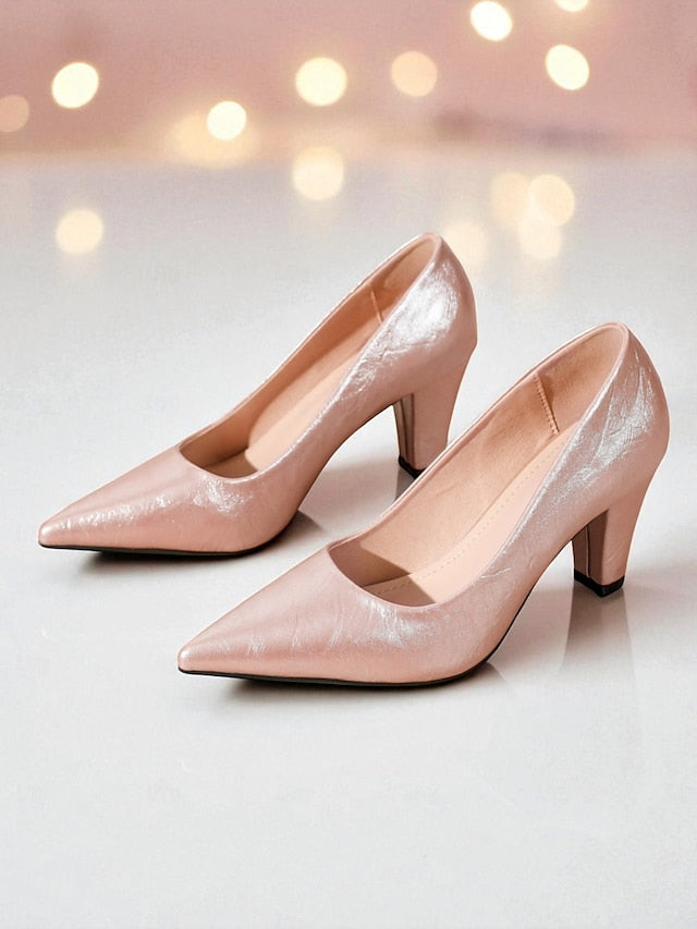 Women's - Pointed Heel Party Block Pumps Glossy Toe Nude