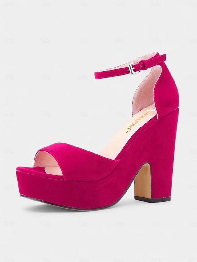 Platform Heel Block Nude Chunky Women's Sandals - Suede