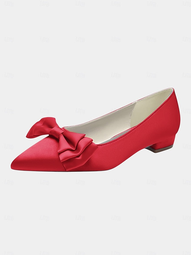 Green Bow Elegant Pointed Toe - Satin Flats Women's
