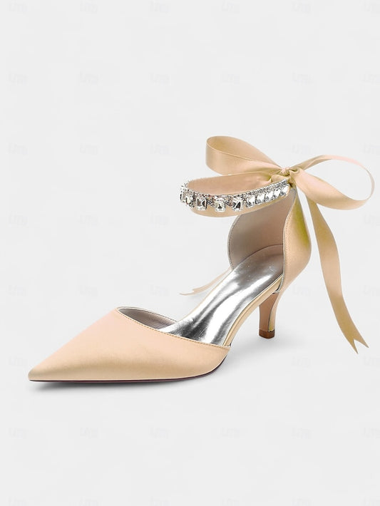 and Ankle with Pointed-Kitten Satin Heels Strap Blue Rhinestone