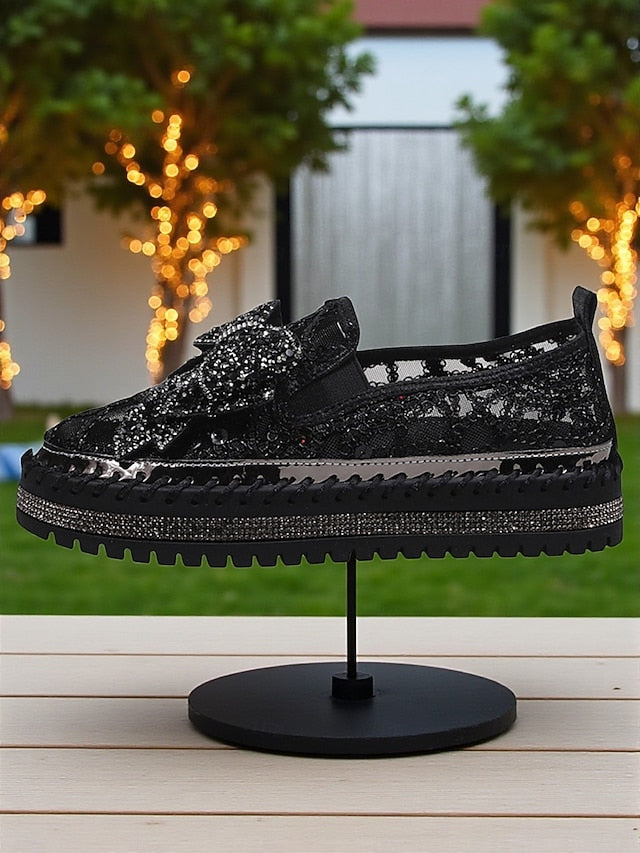 Women's Black Lace Shoes with Slip-On Rhinestone Bow