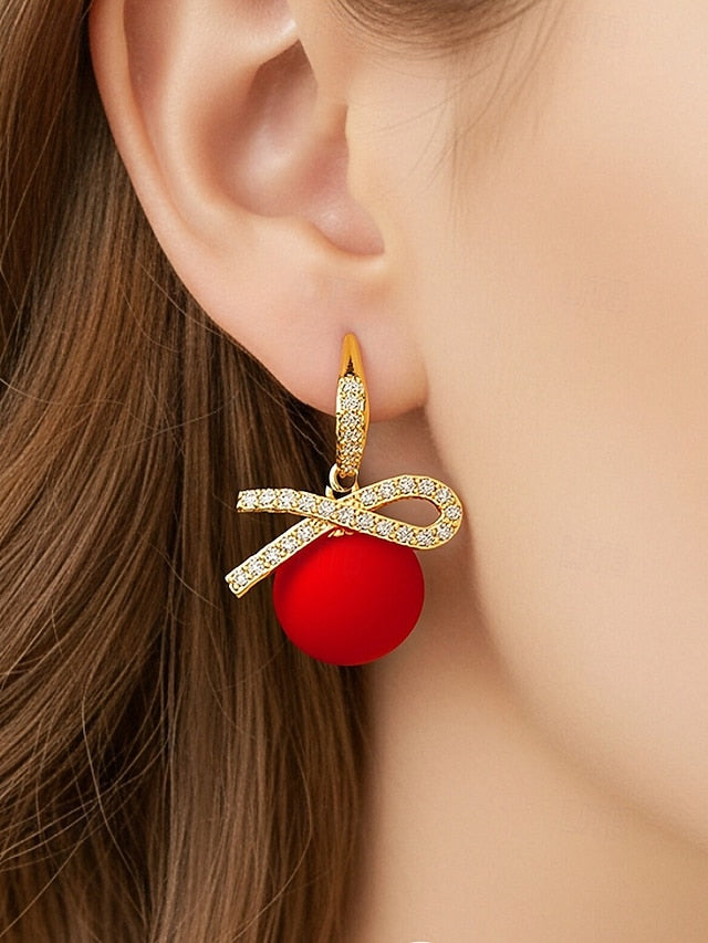 Bow Earrings Christmas Rhinestone with Pearl Women's and