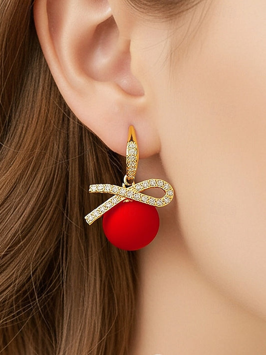 Bow Earrings Christmas Rhinestone with Pearl Women's and